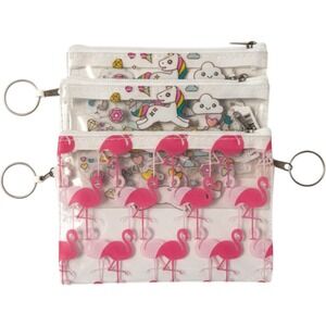 Unbranded Clear Zipper Pouch Set 3pc Flamingo Unicorn Kids Travel Makeup New